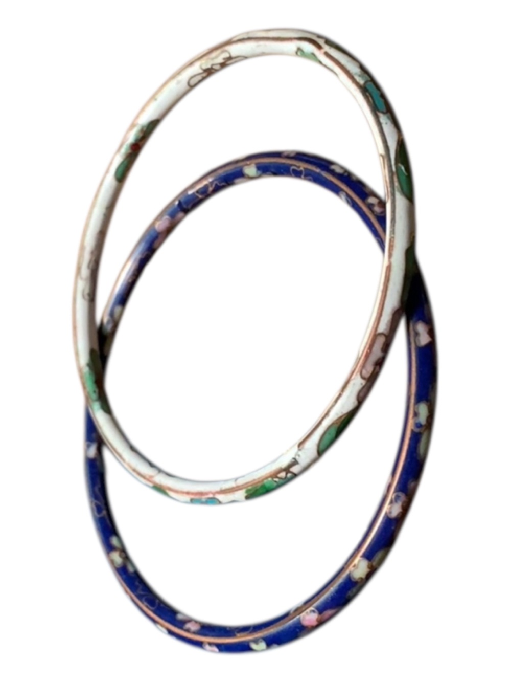 Vintage Cloisonné Enamel Bangle Bracelet Set Blue White Floral Stack Pair